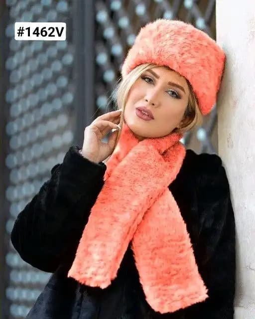 ست شال و کلاه روسی (گلبهی-هلویی) کد 4759