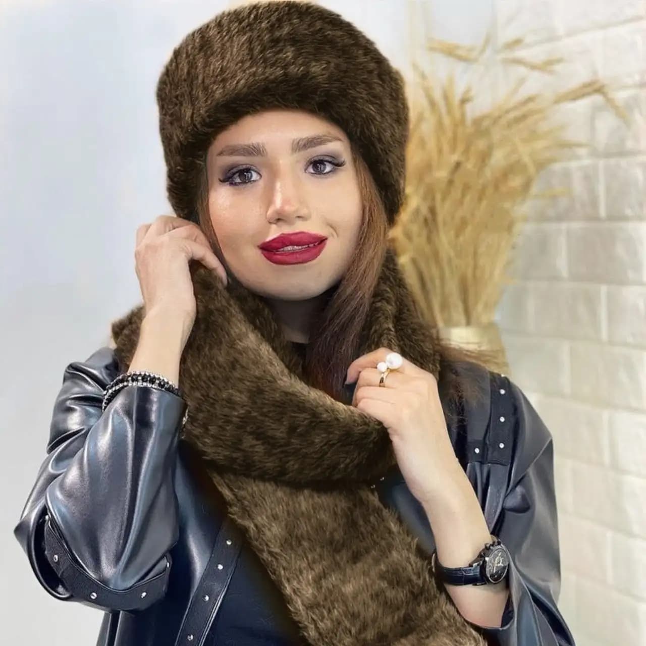 ست شال و کلاه روسی (قهوه ای) کد 4759