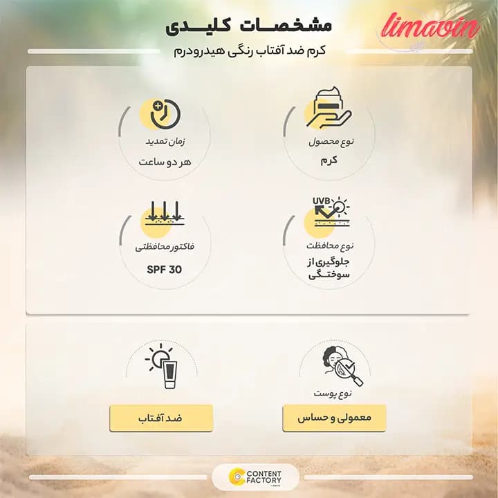 کرم ضدآفتاب رنگی هیدرودرم مدل SPF30، مناسب پوست‌های معمولی و حساس، حجم 50 میلی‌لیتر — تصویر ۴