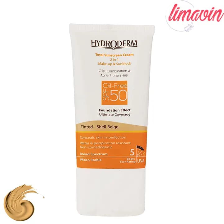 کرم ضد آفتاب رنگی بژ صدفی SPF50 هیدرودرم مناسب پوست چرب و جوشدار حجم 40 میلی لیتر
