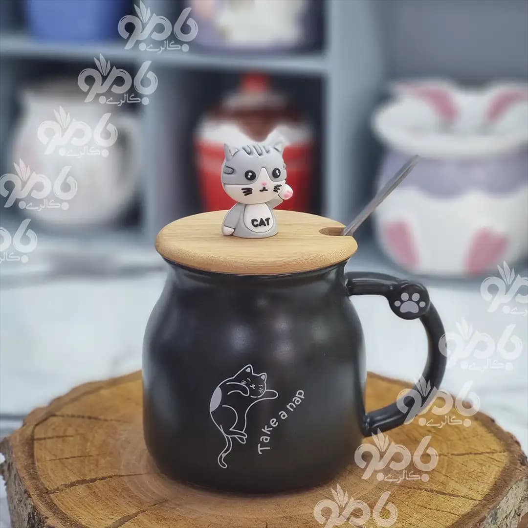 ماگ گربه درب بامبو قاشق عروسکی