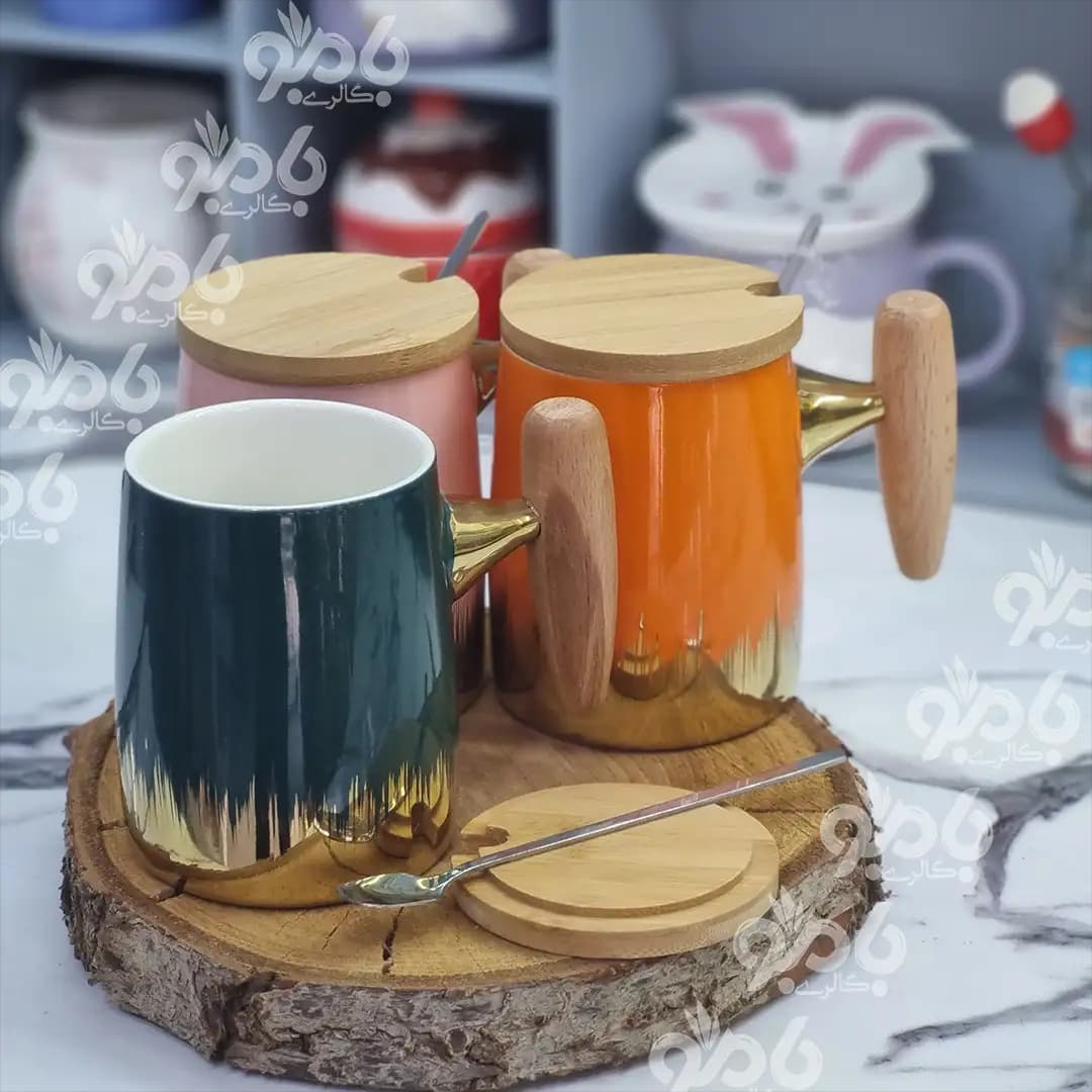 ماگ سرامیکی دسته بامبو طلا کوب — تصویر ۲