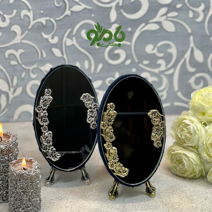 آینه رومیزی بیضی کوچک گل فلزی