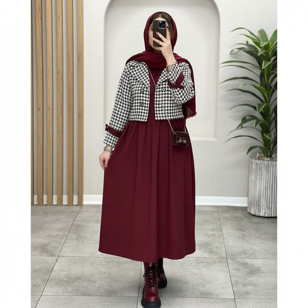 کت سارافون زنانه پیردوپل پشمی و مخمل کبریتی — تصویر ۲