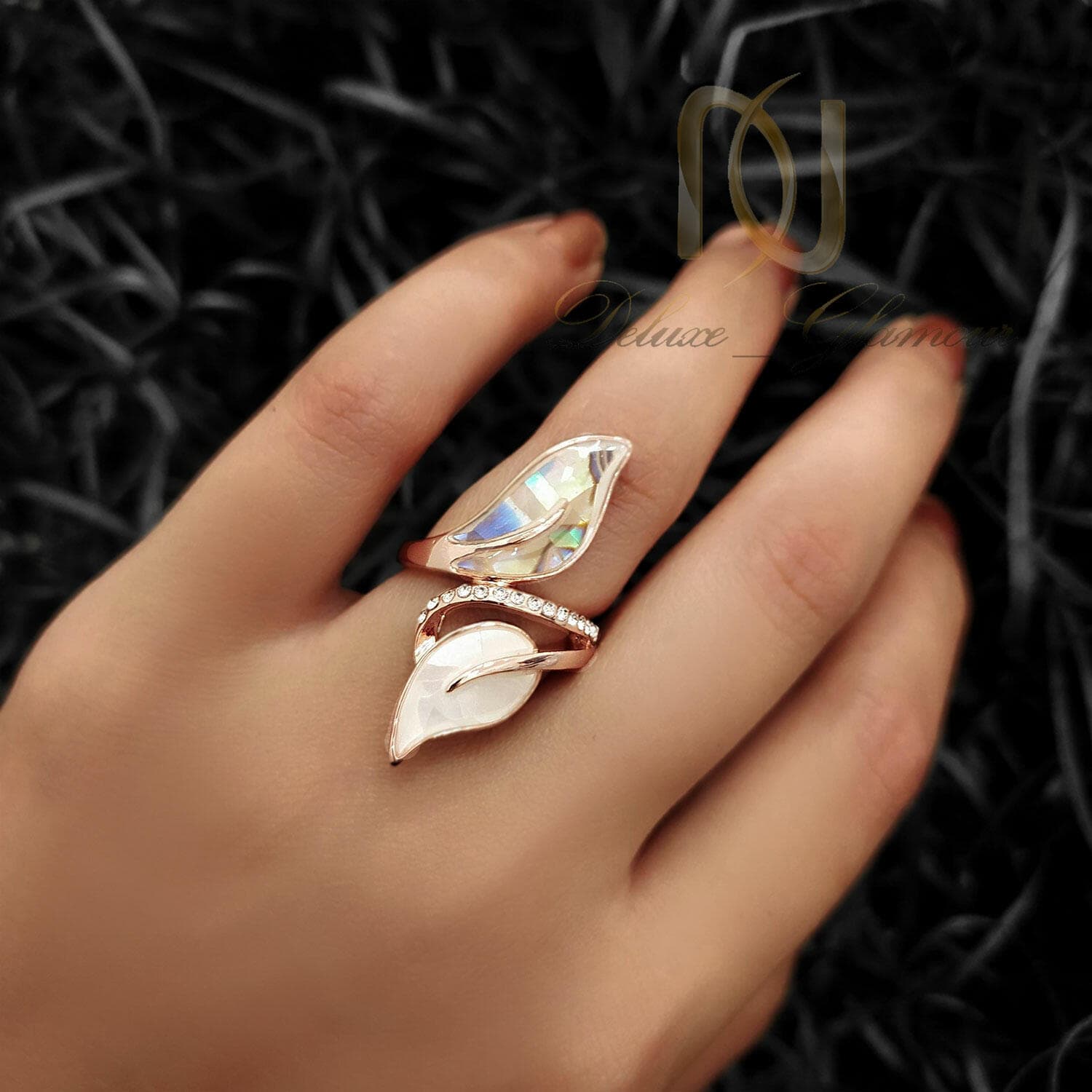 انگشتر جواهری زنانه طرح برگ رزگلد rg-n792 — تصویر ۲