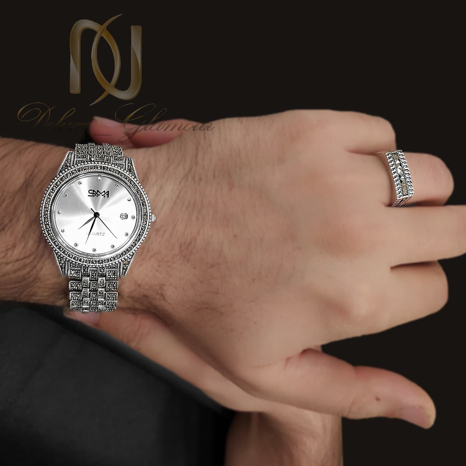 ست ساعت و انگشتر مردانه نقره اصل ns-n899 — تصویر ۲