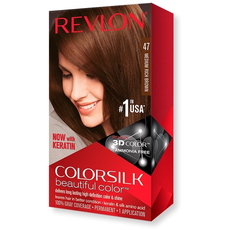 کیت رنگ موی بدون آمونیاک رولون شماره 47 قهوه ای کامل متوسط Revlon Colorsilk