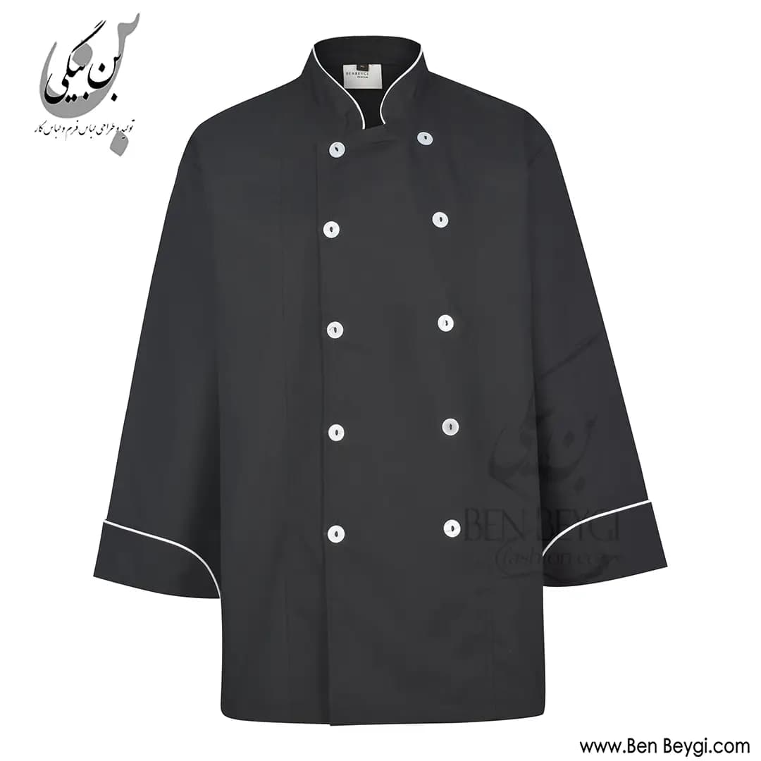 پیراهن آشپزی پارچه ترگال ده دکمه روهمگرد دار آستین بلند رنگ مشکی مغزی دوزی سفید کد 41936