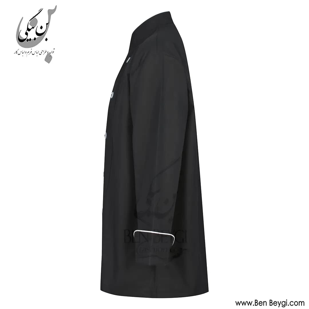 پیراهن آشپزی پارچه ترگال ده دکمه روهمگرد دار آستین بلند رنگ مشکی مغزی دوزی سفید کد 41936 — تصویر ۲