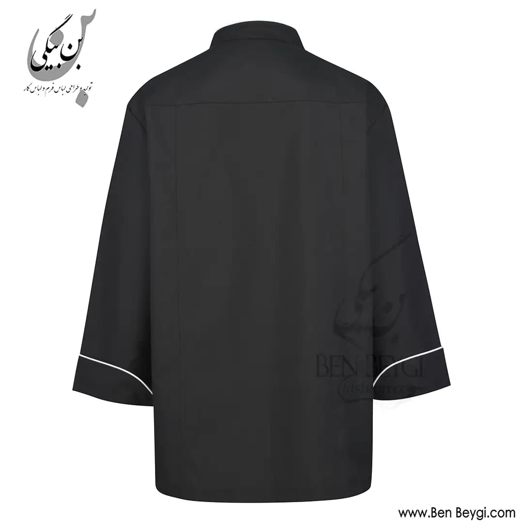 پیراهن آشپزی پارچه ترگال ده دکمه روهمگرد دار آستین بلند رنگ مشکی مغزی دوزی سفید کد 41936 — تصویر ۳