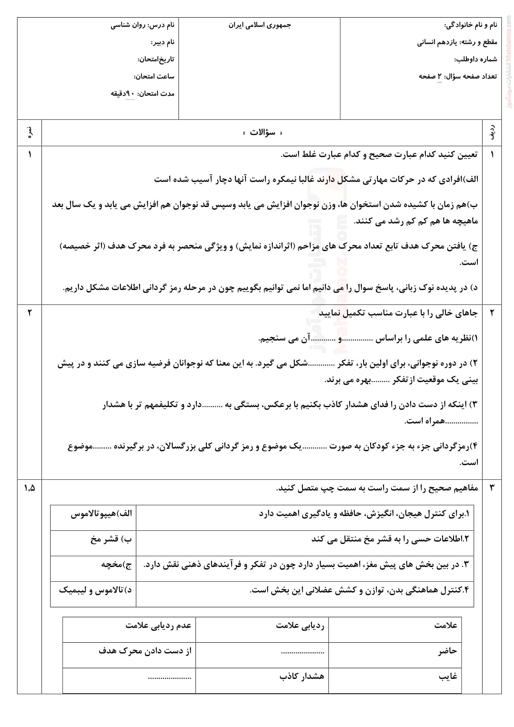 آزمون پایانی نوبت اول نهایی روان شناسی یازدهم دبیرستان | با جواب