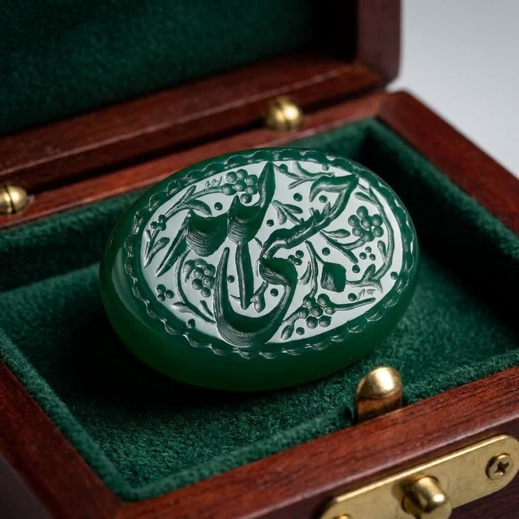نگین عقیق سبز حکاکی حسبی الله کد 5853 — تصویر ۳