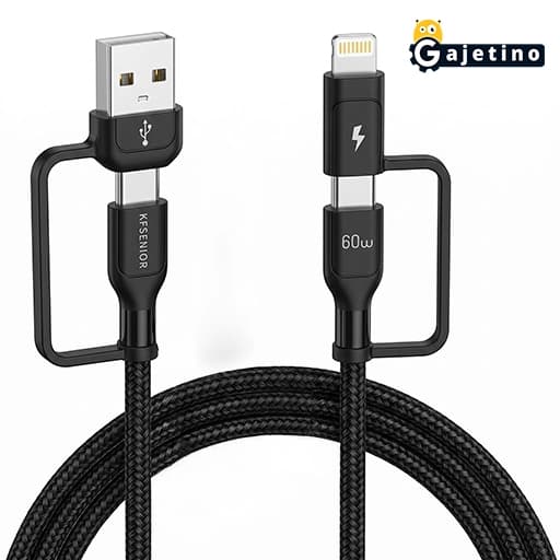 کابل فست شارژ 4 کاره کی اف سنیور مدل KF Senior S-29 توان 60 وات طول 100 سانتی‌متر | سازگار با آیفون، تایپ سی و USB