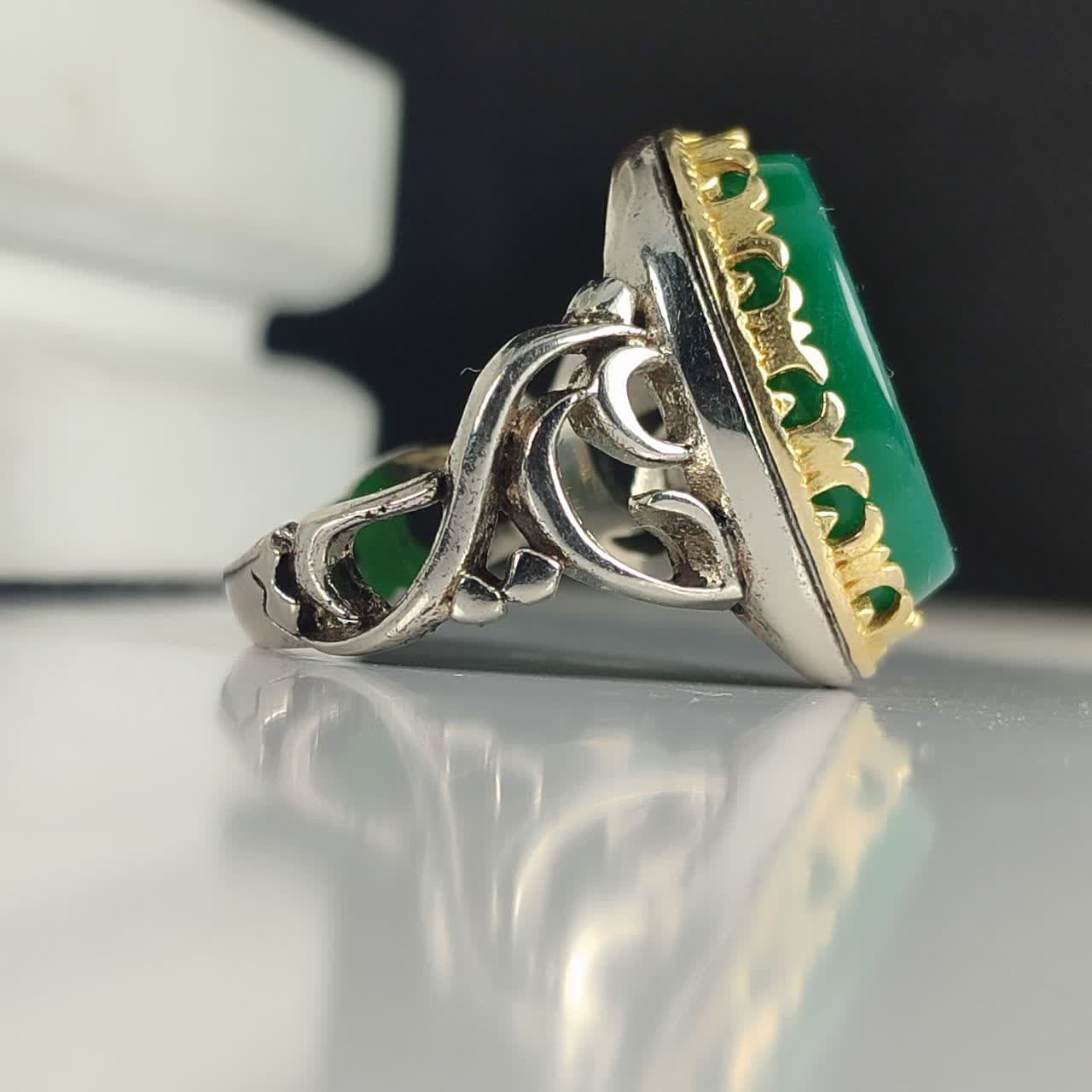 انگشتر آلیاژی باسنگ عقیق سبز حکاکی ان معی ربی کد 5995 — تصویر ۵