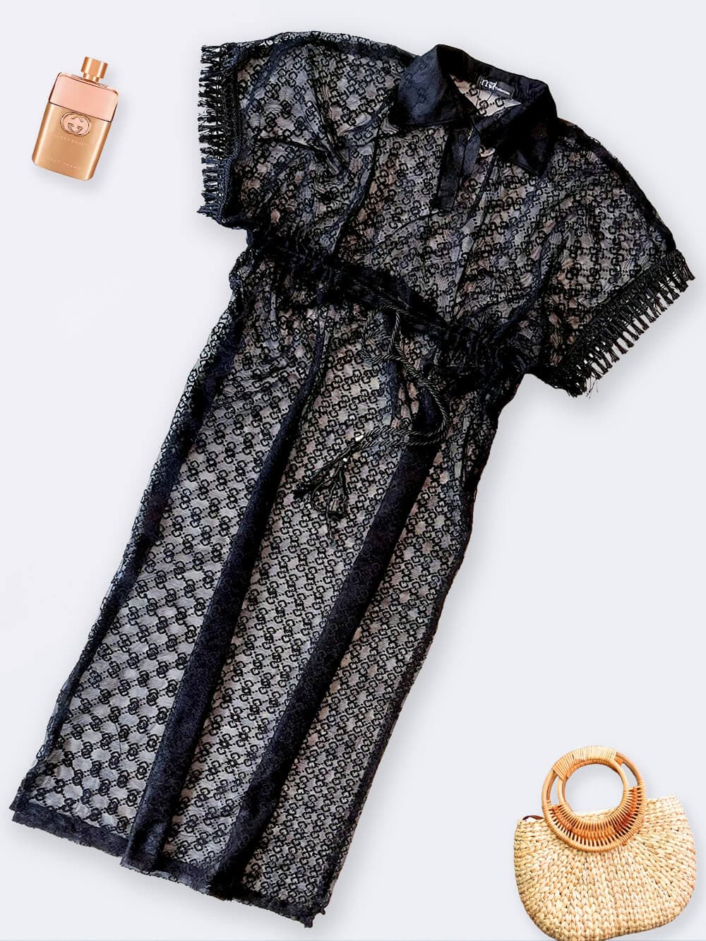 رومایویی زنانه ( کاور مایو ) بلند مشکی رنگ طرح شیک گوچی ( Gucci ) بصورت یقه هفت