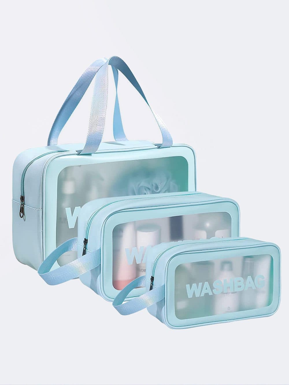 کیف شامپو و وسایل برای استخر شنا زنانه و دخترانه واش بگ ( wash bag ) شیشه ای آبی رنگ — تصویر ۳