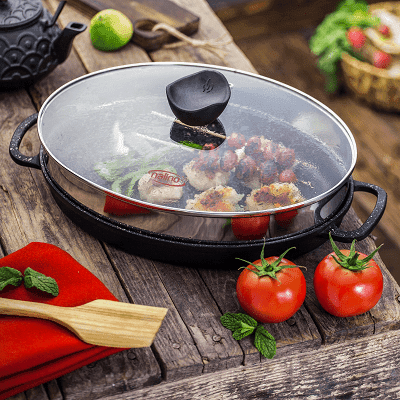 تابه چدن بیضی نالینو angle سایز 34 (با درب شیشه اورجینال با گارانتی) — تصویر ۳