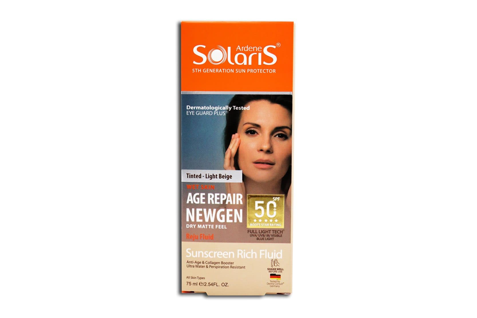 فلوئید ضد آفتاب و ضد چروک رنگی آردن سولاریس SPF 50 مدل ایج ریپیر نیوژن 75 میلی لیتر