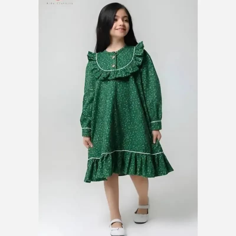 پیراهن کتان تافته دخترانه مهمونی تولد بیرونی رنگ سبز و قرمز سایز 2 تا 8 سال — تصویر ۵