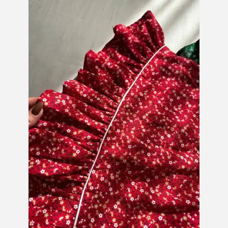 پیراهن کتان تافته دخترانه مهمونی تولد بیرونی رنگ سبز و قرمز سایز 2 تا 8 سال — تصویر ۸