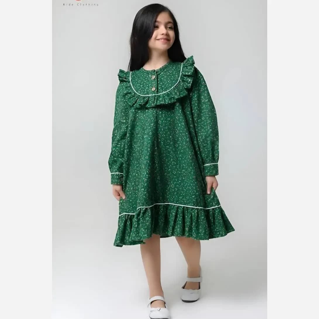 پیراهن کتان تافته دخترانه مهمونی تولد بیرونی رنگ سبز و قرمز سایز 2 تا 8 سال