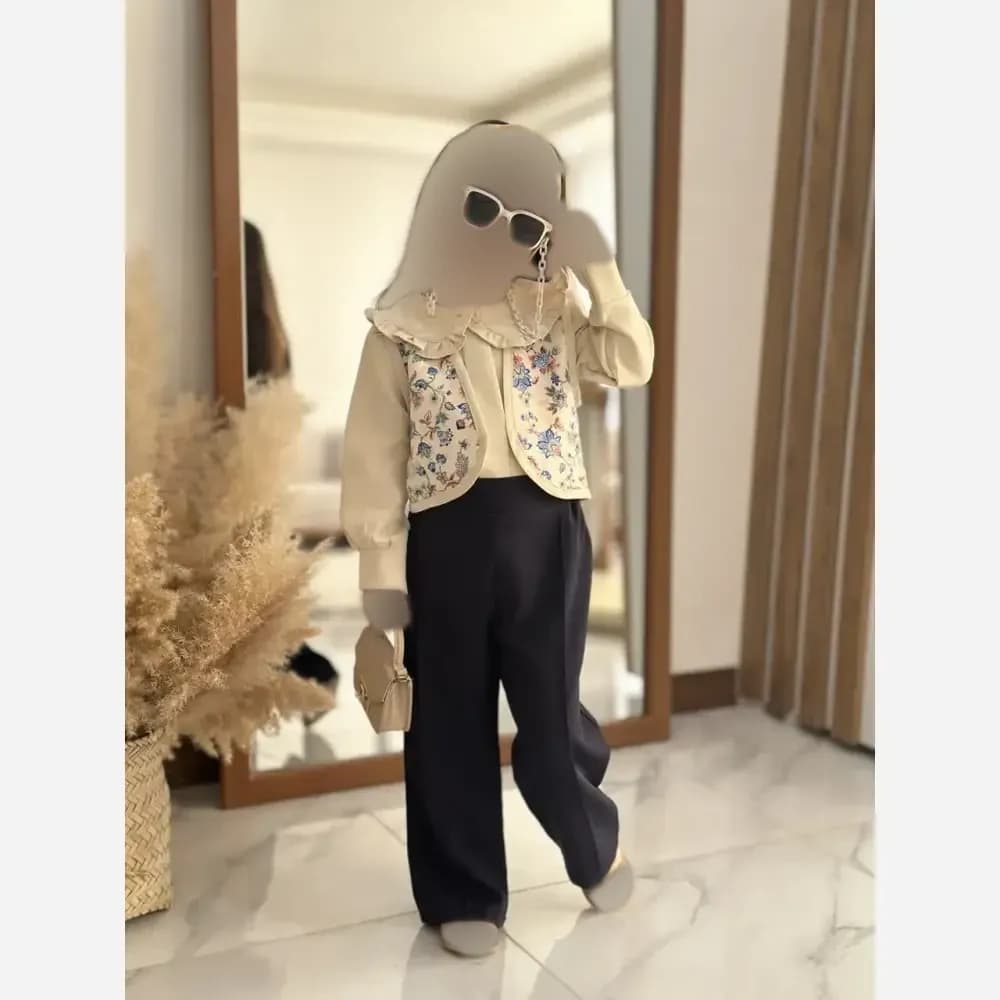 ست سه تیکه دخترانه مدل مه گل پارچه مازراتی — تصویر ۳