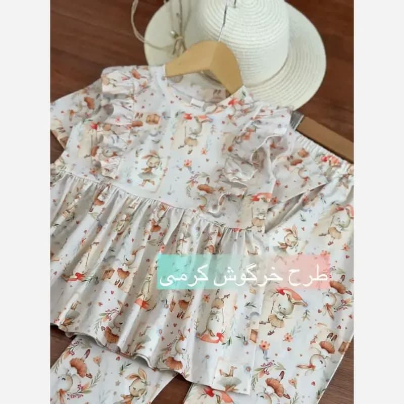 ست بلوز و شلوار راحتی دخترانه پنبه یک رو لاکرا مدل خرگوش کرم سایز 40 تا 60 — تصویر ۴
