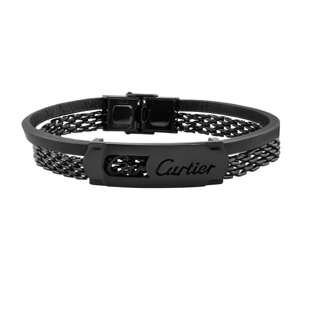 دستبند چرم اسپرت مشکی برند Cartier دوتایی با زنجیر