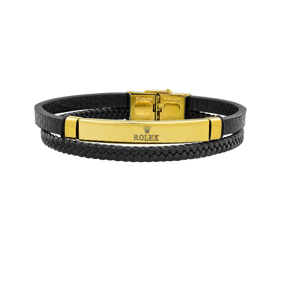 دستبند چرم اسپرت مشکی دوتایی برند ROLEX