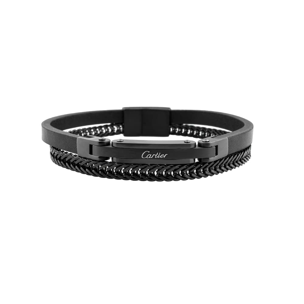 دستبند چرم و استیل اسپرت برند Cartier با رنگ مشکی