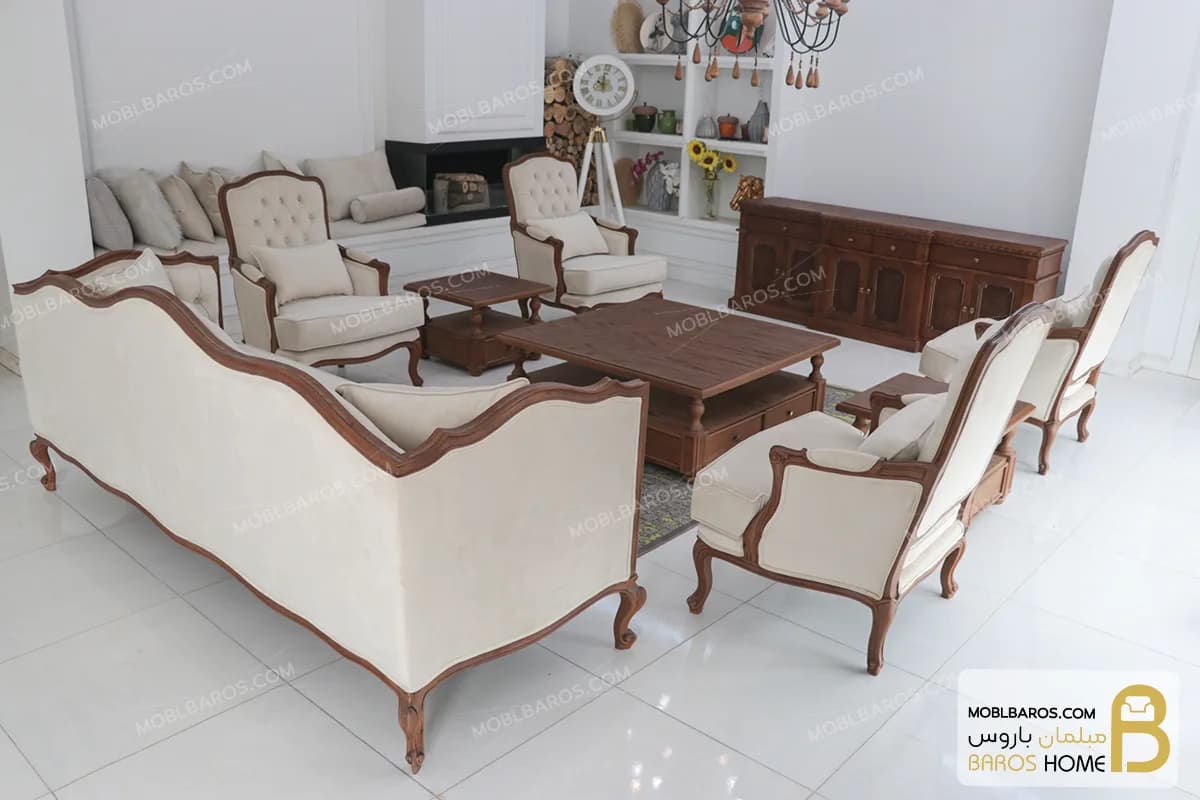 مبل ۷ نفره کلاسیک گندم و فرانسوی