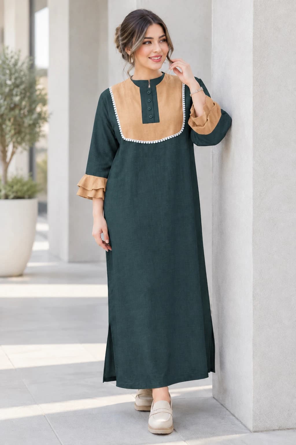 پیراهن ساحلی زنانه rosha قد 125 جنس شانتون رنگ سبز کله غازی A 404099 — تصویر ۴