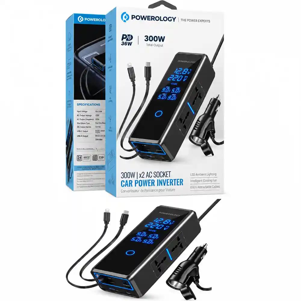 اینورتر برق خودرو Powerology مدل PWCPI300W توان 300 وات با PD 36W