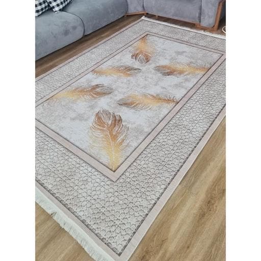 فرشینه | فرش چاپی برند حسن نیا چاپی هازان ترک طرح پر طلایی کد M299 (پس کرایه)