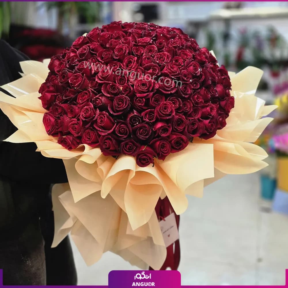 دسته گل رز قرمز ۲۰۰ شاخه شاین‌دار (اکلیلی)