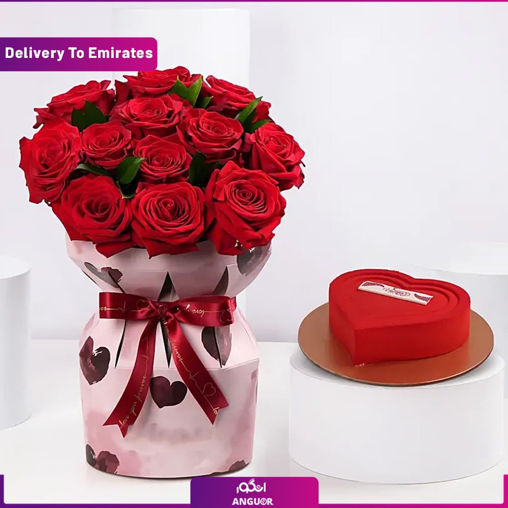 دسته گل رز 12 شاخه و کیک (تحویل در امارات)