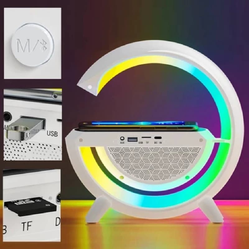 اسپیکر بلوتوثی، شارژر وایرلس و چراغ خواب RGB مدل G — تصویر ۴