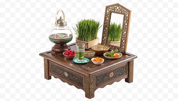 تصویر PNG سفره هفت سین نوروز روی میز چوبی