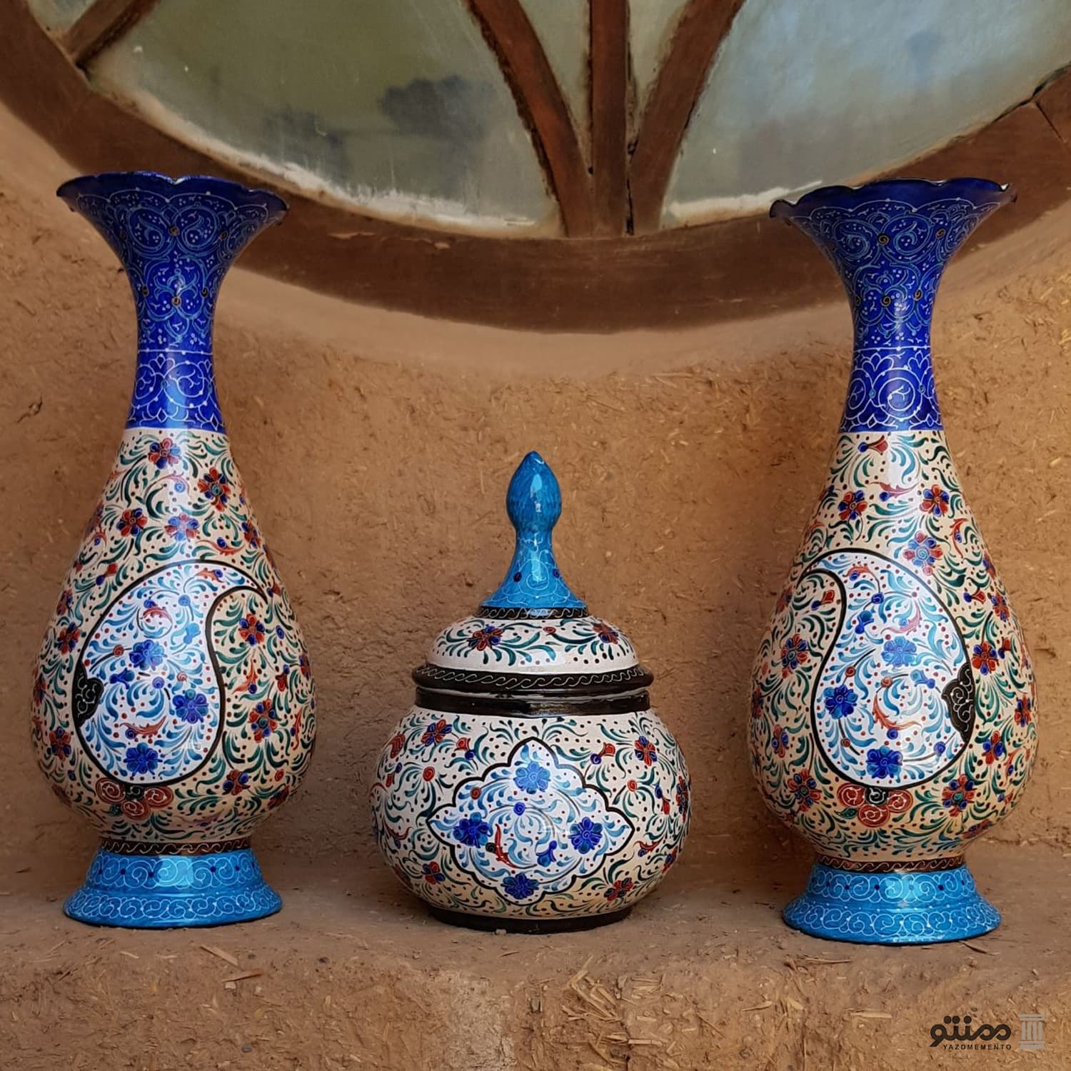 ست 3 تکه گلدان و قندان میناکاری — تصویر ۲