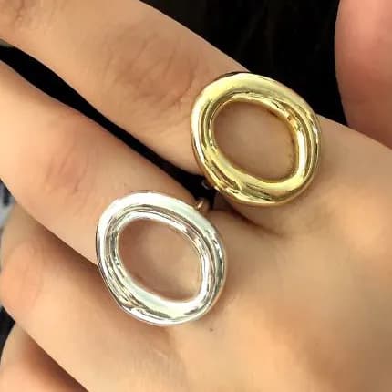 انگشتر زنانه مینیمال دایره ای ضخیم تو خالی رنگ طلایی و نقره ای آبکاری نقره رنگ ثابت فری سایز Freesize کد zsm