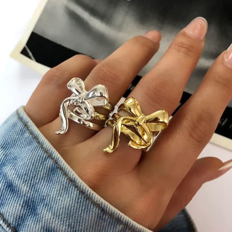انگشتر زنانه چند لاین پاپیونی رنگ طلایی و نقره ای آبکاری نقره رنگ ثابت فری سایز Freesize کد zsm