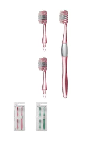مسواک سر تعویضی مینیسو، مدل miniso Toothbrush With Replaceable Heads 1 Handle And 3 Heads، صورتی، 3 سر تعویضی