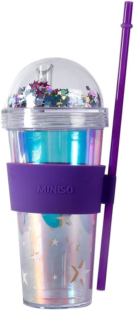 بطری در دار و نی دار مینیسو، مدل Illusion Collection Straw Water Bottle، طرح خرگوش پولکی،بنفش، 420 میلی لیتر