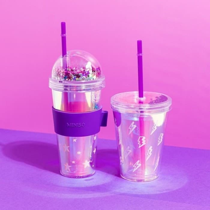بطری در دار و نی دار مینیسو، مدل Illusion Collection Straw Water Bottle، طرح خرگوش پولکی،بنفش، 420 میلی لیتر — تصویر ۵