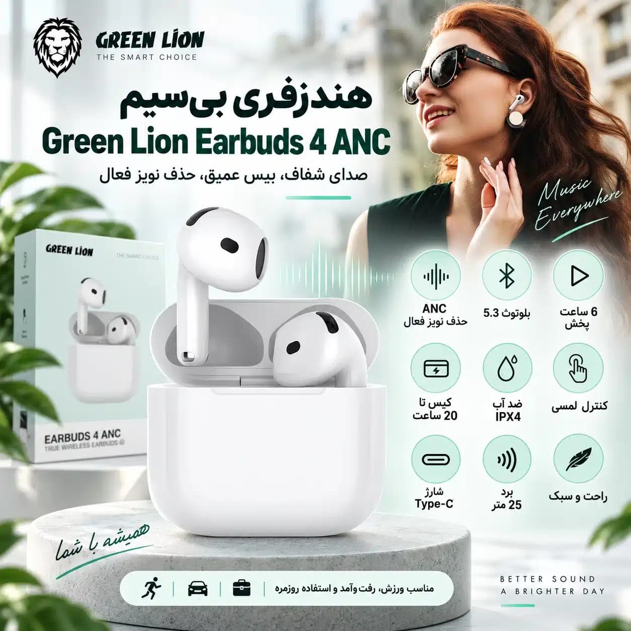 هندزفری بلوتوثی گرین لاین Green Lion مدل GNANCTW4G1WH با حذف نویز ANC — تصویر ۴