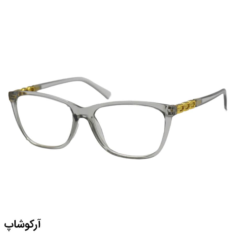 عینک مطالعه زنانه نزدیک بین نمره +1.50 با فریم گربهای، رنگ طوسی و دسته طرح دار مدل DZ125