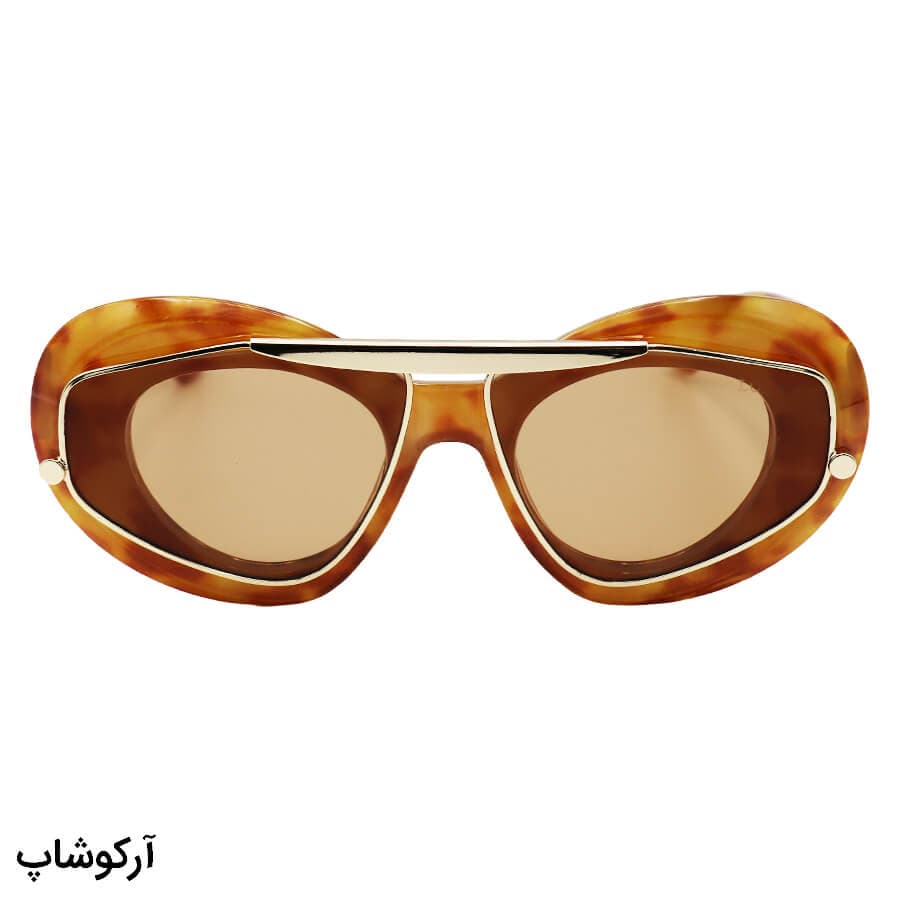 عینک آفتابی زنانه با فریم هاوانا و طلایی رنگ، بیضی شکل و لنز قهوه ای تیره LOEWE مدل 0240 — تصویر ۲