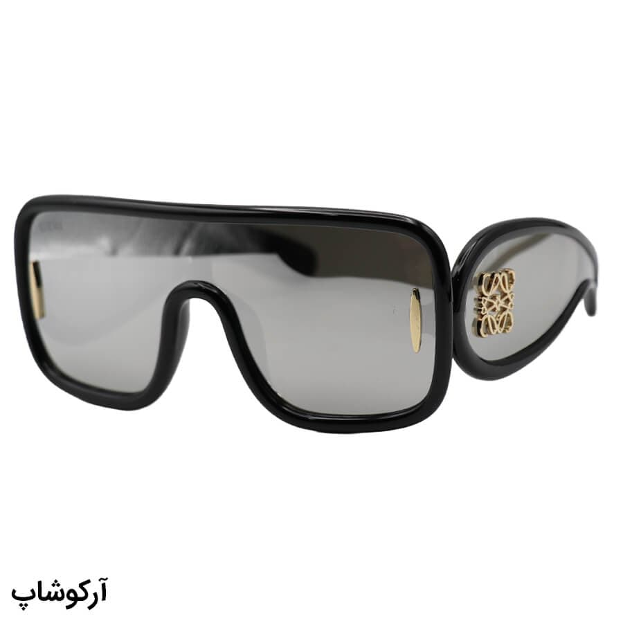 عینک آفتابی فانتزی LOEWE با فریم مربعی، اور سایز، رنگ مشکی و لنز آینه‌ای و رنگ نقره‌ای مدل 4000