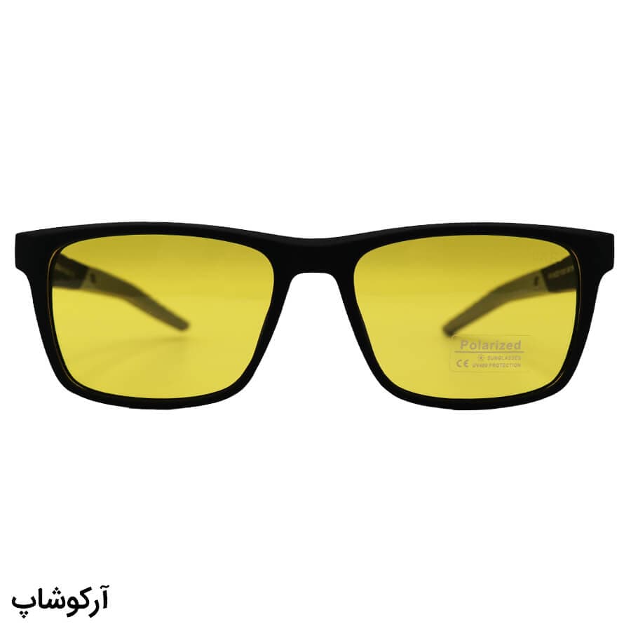 عینک دید در شب پلاریزه Nike با فریم رنگ مشکی مات، شکل مستطیلی و لنز زرد رنگ مدل PL003 — تصویر ۲