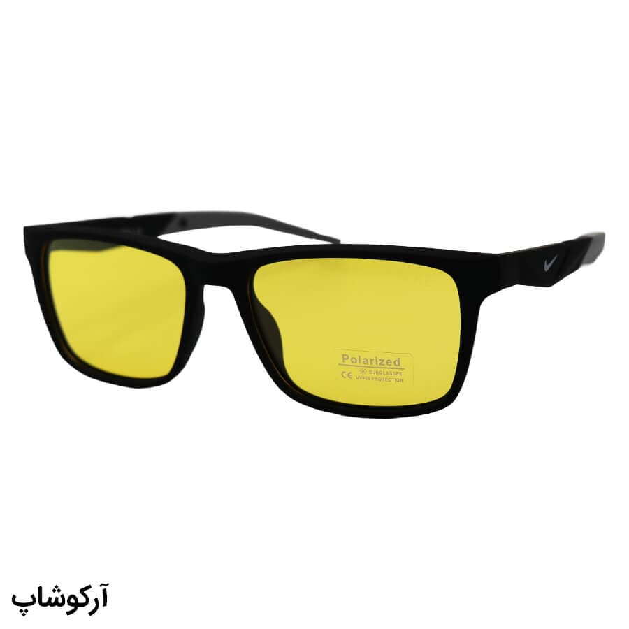عینک دید در شب پلاریزه Nike با فریم رنگ مشکی مات، شکل مستطیلی و لنز زرد رنگ مدل PL003